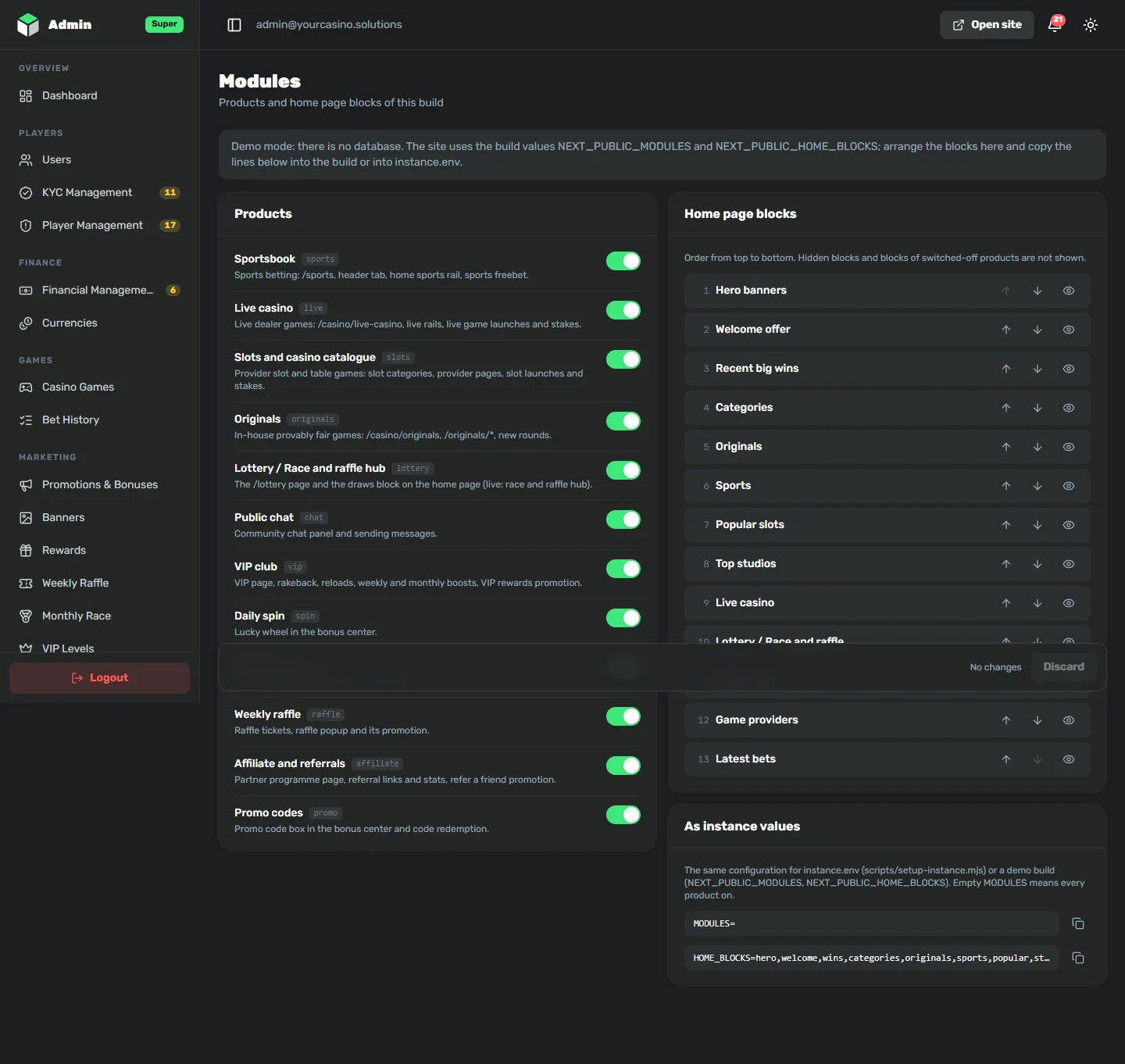 Modules on and off in the YourCasino back office