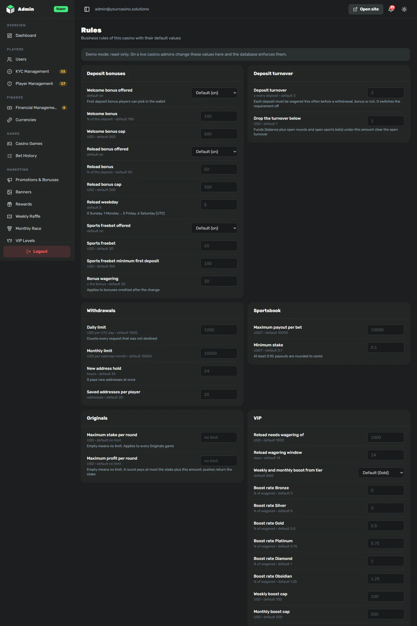Casino rules in the YourCasino back office